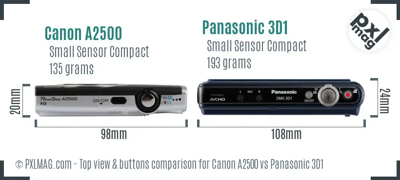 Canon A2500 vs Panasonic 3D1 top view buttons comparison