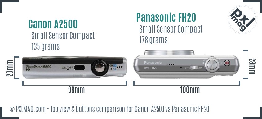 Canon A2500 vs Panasonic FH20 top view buttons comparison