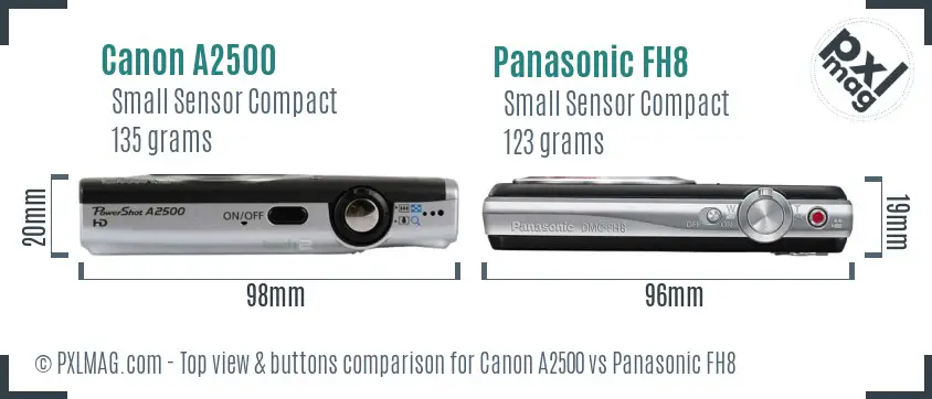 Canon A2500 vs Panasonic FH8 top view buttons comparison Canon A2500 vs Panasonic FH8 top view buttons comparison