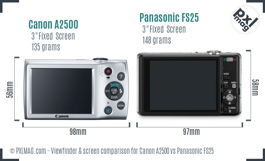 Canon A2500 vs Panasonic FS25 Screen and Viewfinder comparison