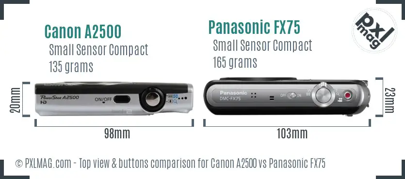 Canon A2500 vs Panasonic FX75 top view buttons comparison