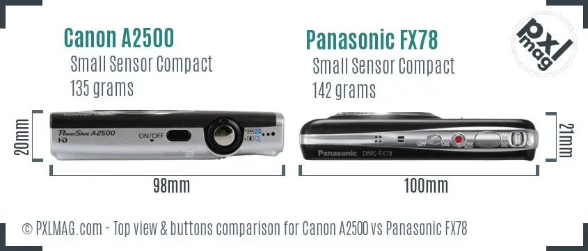 Canon A2500 vs Panasonic FX78 top view buttons comparison