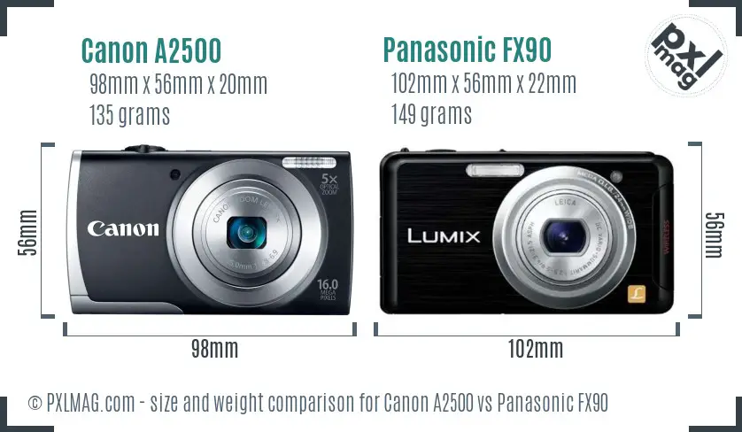 Canon A2500 vs Panasonic FX90 size comparison