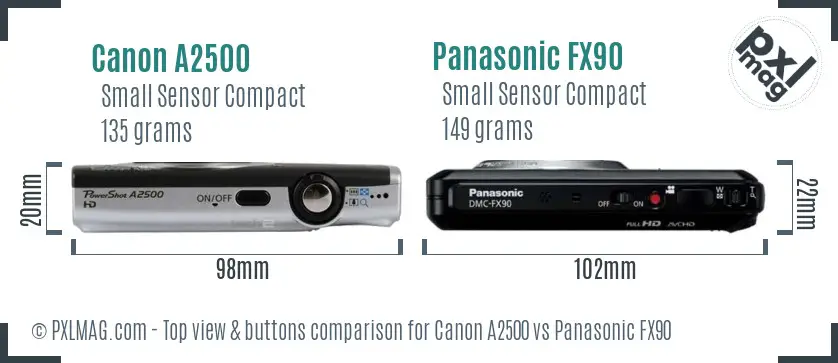 Canon A2500 vs Panasonic FX90 top view buttons comparison