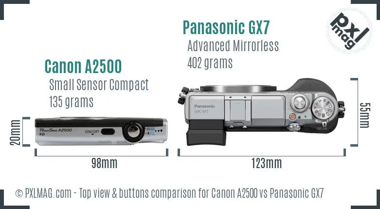 Canon A2500 vs Panasonic GX7 top view buttons comparison