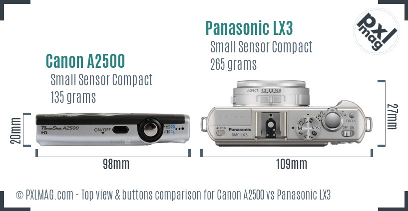 Canon A2500 vs Panasonic LX3 top view buttons comparison