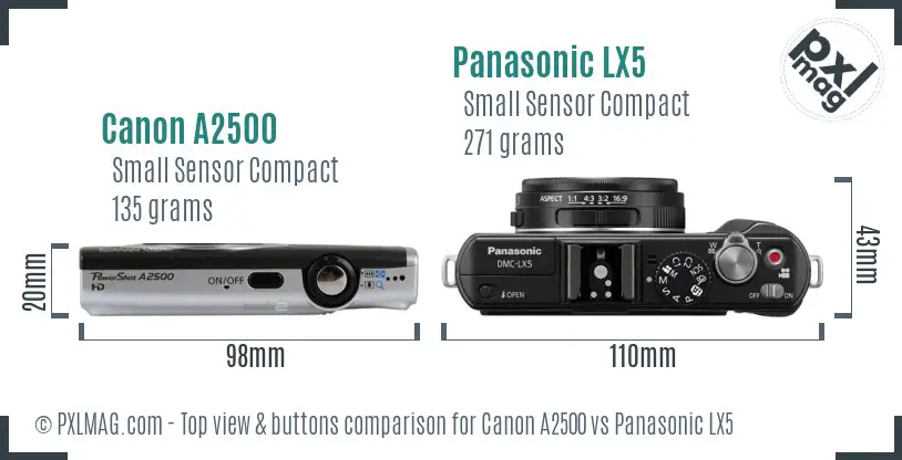 Canon A2500 vs Panasonic LX5 top view buttons comparison