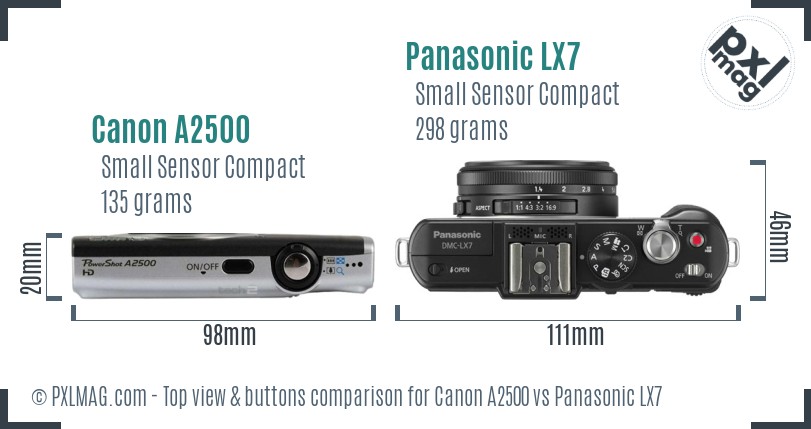 Canon A2500 vs Panasonic LX7 top view buttons comparison