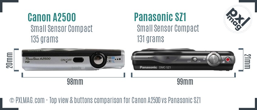 Canon A2500 vs Panasonic SZ1 top view buttons comparison