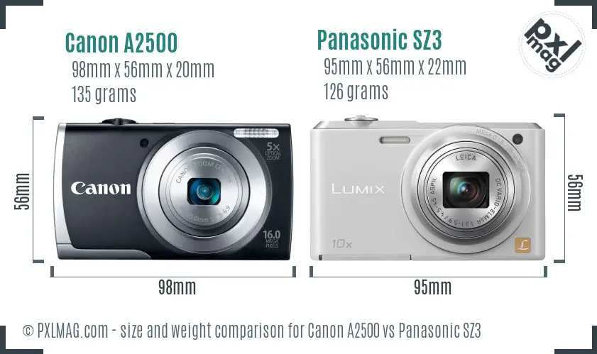 Canon A2500 vs Panasonic SZ3 size comparison