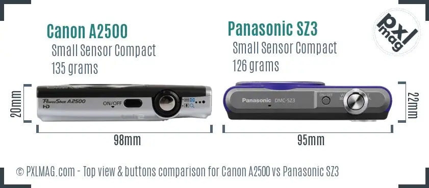 Canon A2500 vs Panasonic SZ3 top view buttons comparison