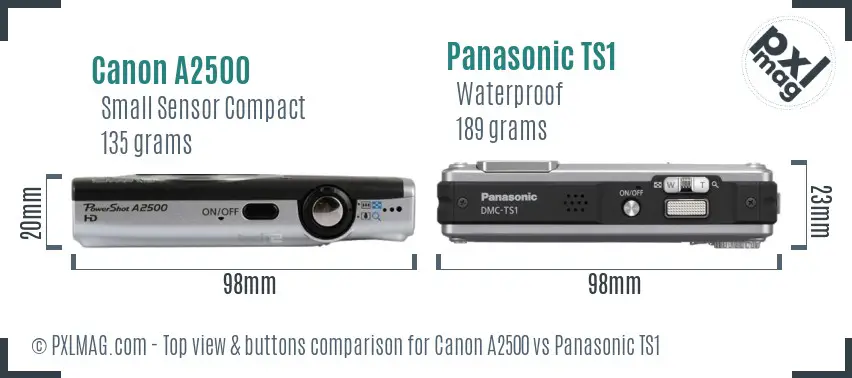 Canon A2500 vs Panasonic TS1 top view buttons comparison Canon A2500 vs Panasonic TS1 top view buttons comparison