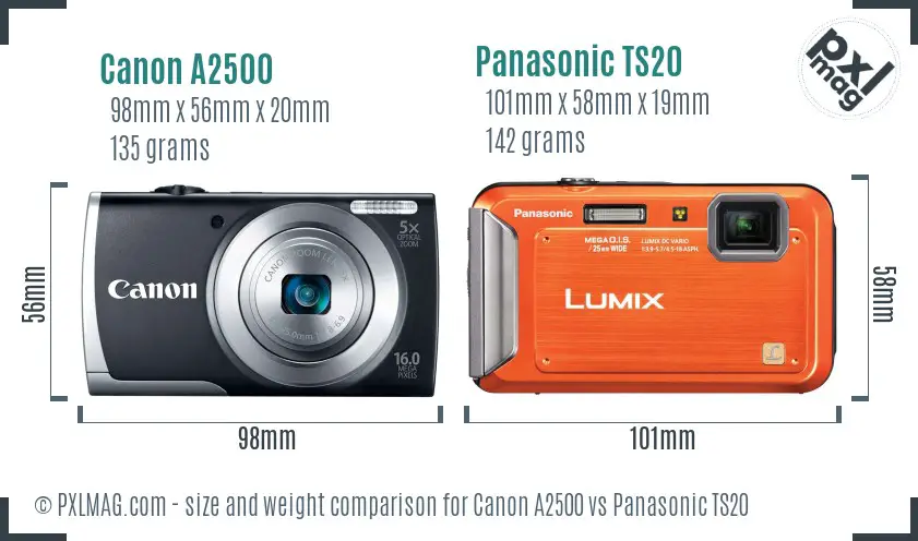 Canon A2500 vs Panasonic TS20 size comparison