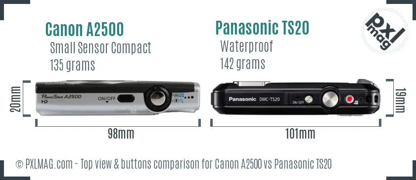 Canon A2500 vs Panasonic TS20 top view buttons comparison