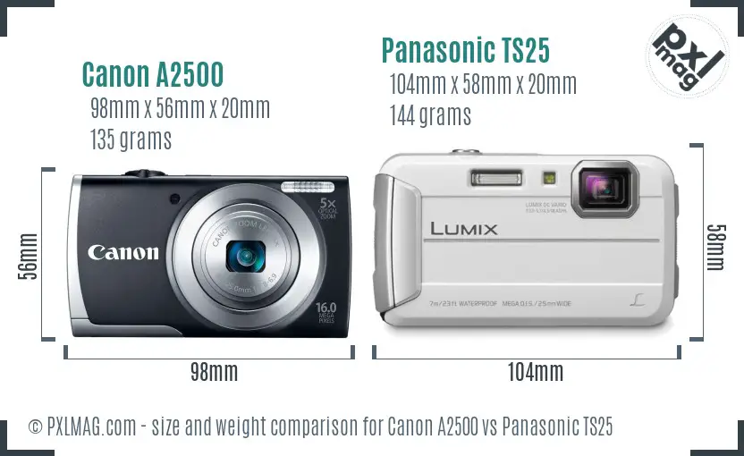 Canon A2500 vs Panasonic TS25 size comparison