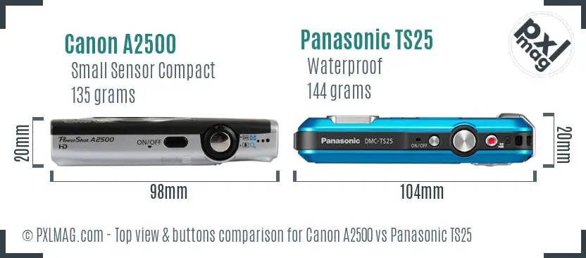 Canon A2500 vs Panasonic TS25 top view buttons comparison