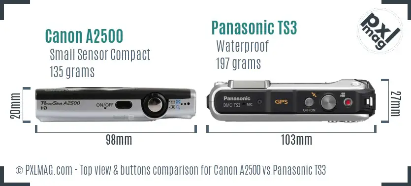 Canon A2500 vs Panasonic TS3 top view buttons comparison Canon A2500 vs Panasonic TS3 top view buttons comparison