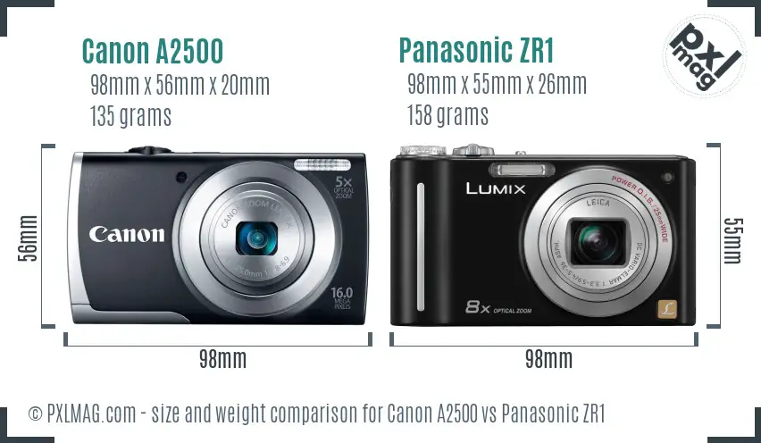 Canon A2500 vs Panasonic ZR1 size comparison