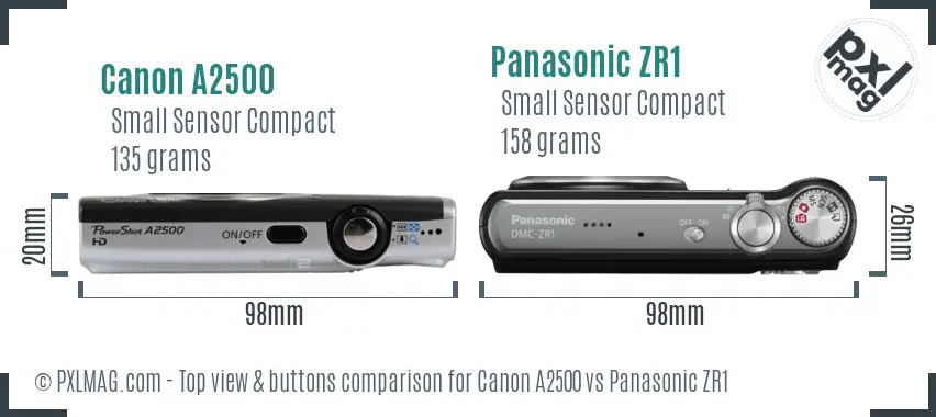 Canon A2500 vs Panasonic ZR1 top view buttons comparison