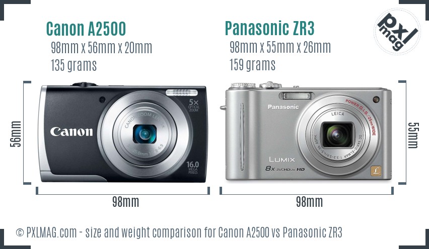 Canon A2500 vs Panasonic ZR3 size comparison