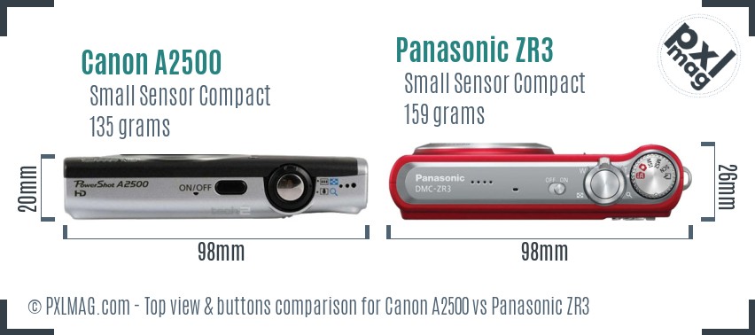Canon A2500 vs Panasonic ZR3 top view buttons comparison