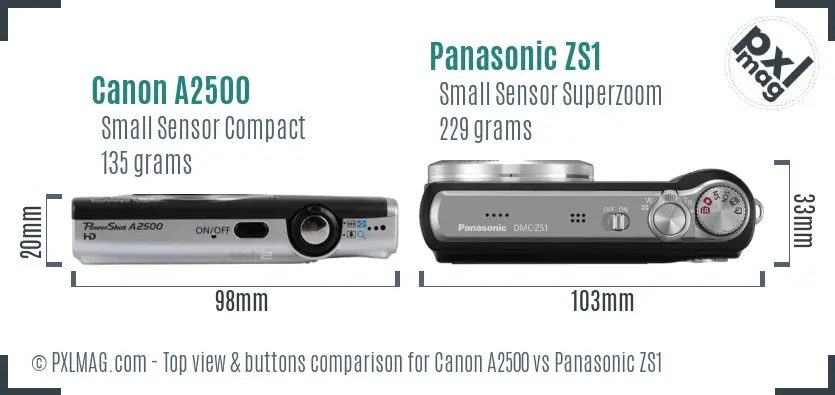 Canon A2500 vs Panasonic ZS1 top view buttons comparison