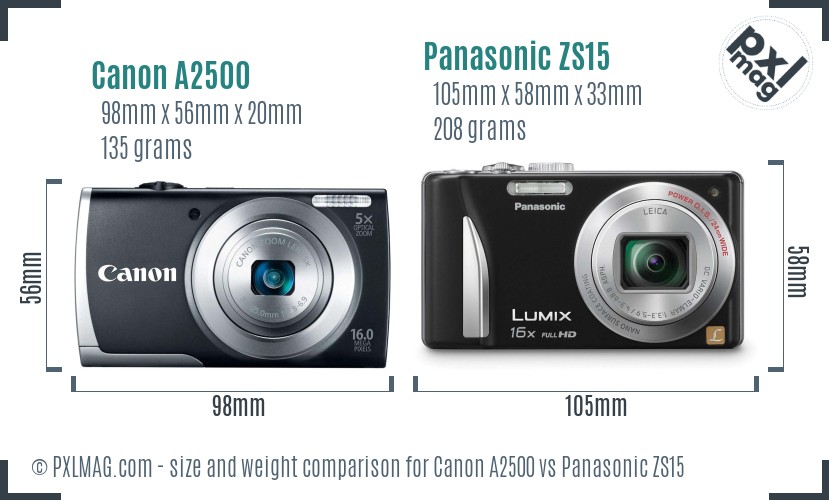 Canon A2500 vs Panasonic ZS15 size comparison