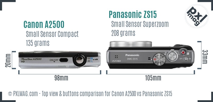 Canon A2500 vs Panasonic ZS15 top view buttons comparison
