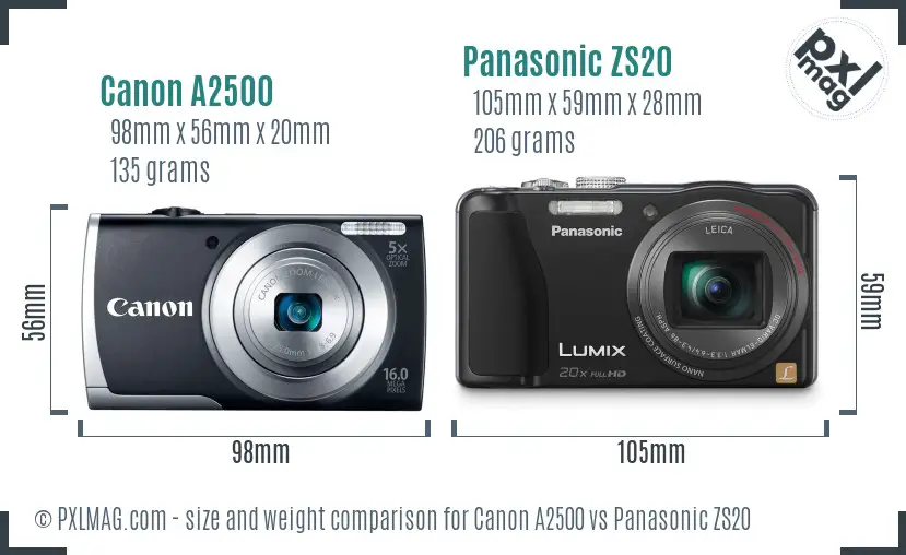 Canon A2500 vs Panasonic ZS20 size comparison