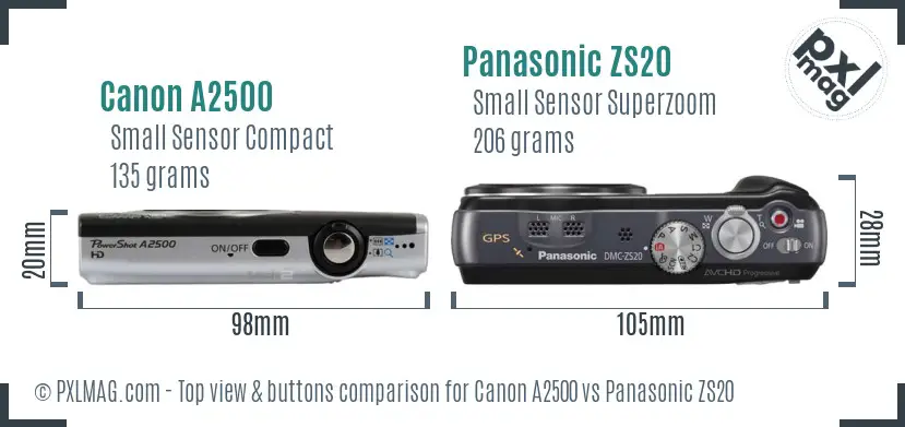 Canon A2500 vs Panasonic ZS20 top view buttons comparison