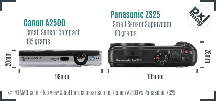 Canon A2500 vs Panasonic ZS25 top view buttons comparison Canon A2500 vs Panasonic ZS25 top view buttons comparison