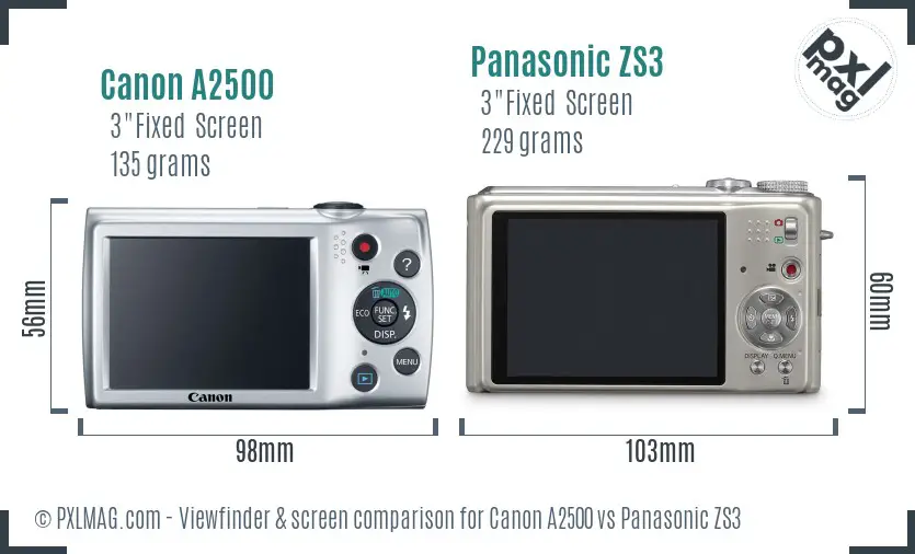Canon A2500 vs Panasonic ZS3 Screen and Viewfinder comparison