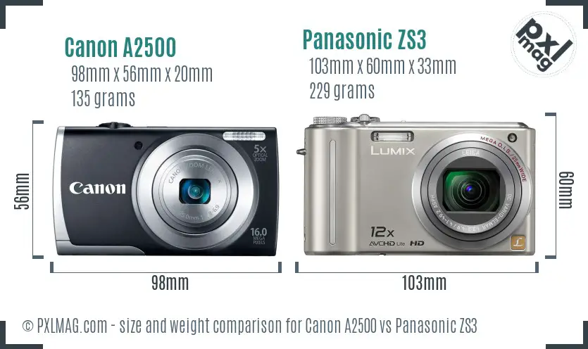 Canon A2500 vs Panasonic ZS3 size comparison