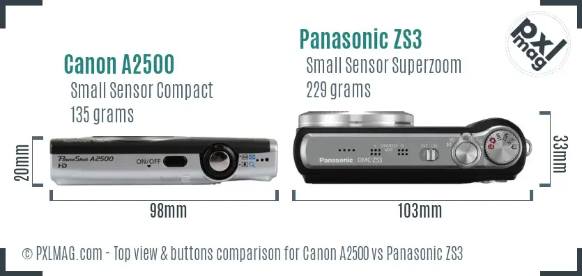 Canon A2500 vs Panasonic ZS3 top view buttons comparison