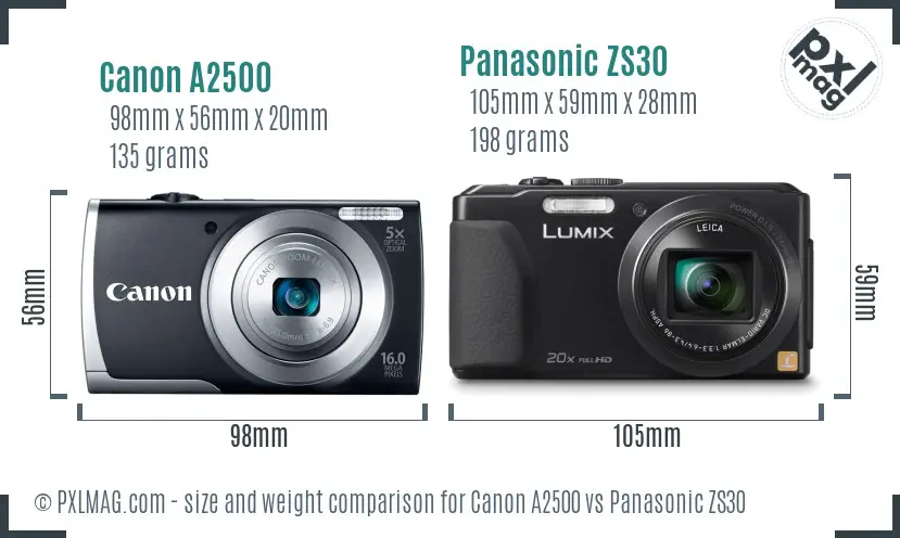 Canon A2500 vs Panasonic ZS30 size comparison