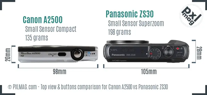 Canon A2500 vs Panasonic ZS30 top view buttons comparison