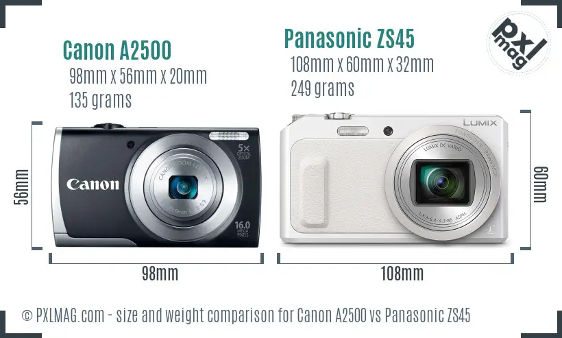 Canon A2500 vs Panasonic ZS45 size comparison
