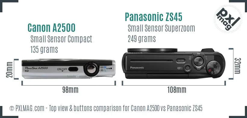 Canon A2500 vs Panasonic ZS45 top view buttons comparison