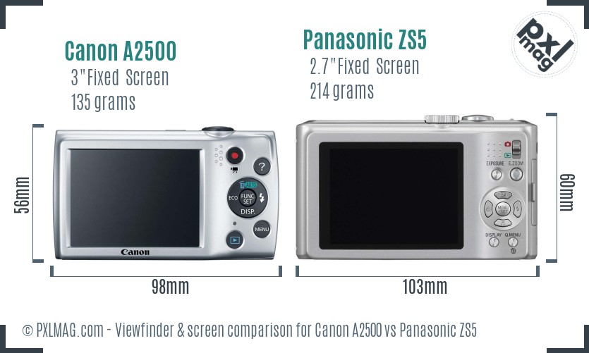 Canon A2500 vs Panasonic ZS5 Screen and Viewfinder comparison