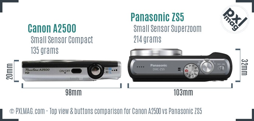 Canon A2500 vs Panasonic ZS5 top view buttons comparison