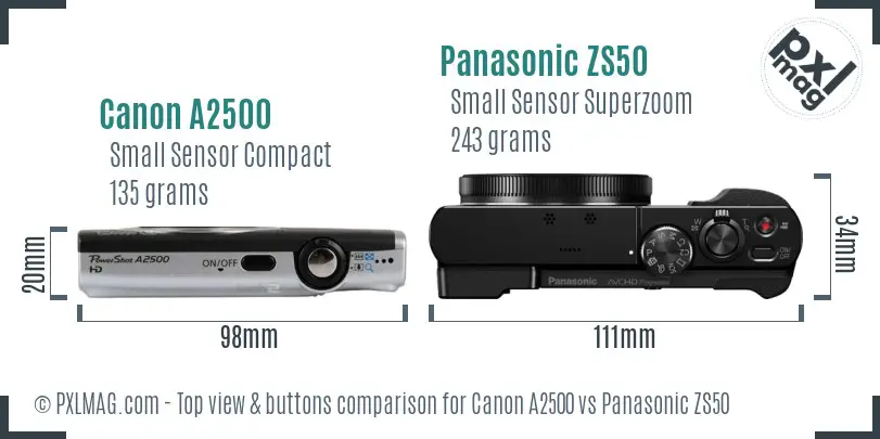 Canon A2500 vs Panasonic ZS50 top view buttons comparison Canon A2500 vs Panasonic ZS50 top view buttons comparison