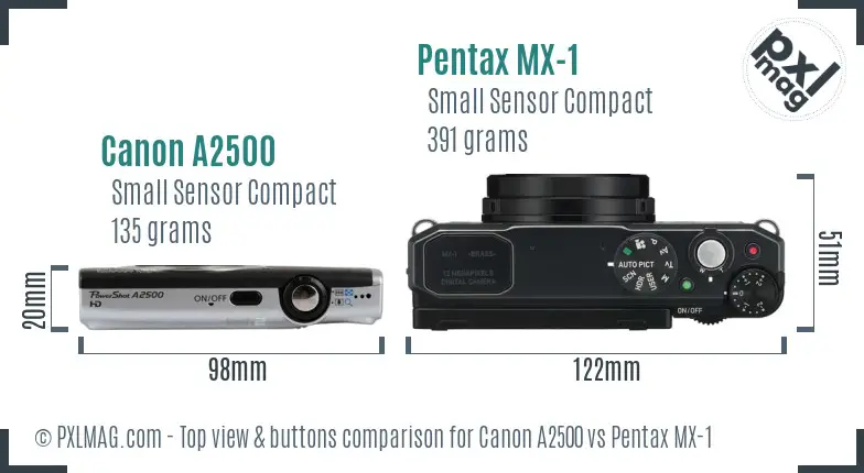 Canon A2500 vs Pentax MX-1 top view buttons comparison