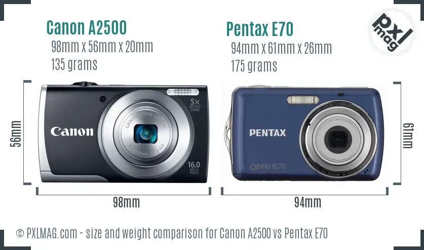 Canon A2500 vs Pentax E70 size comparison