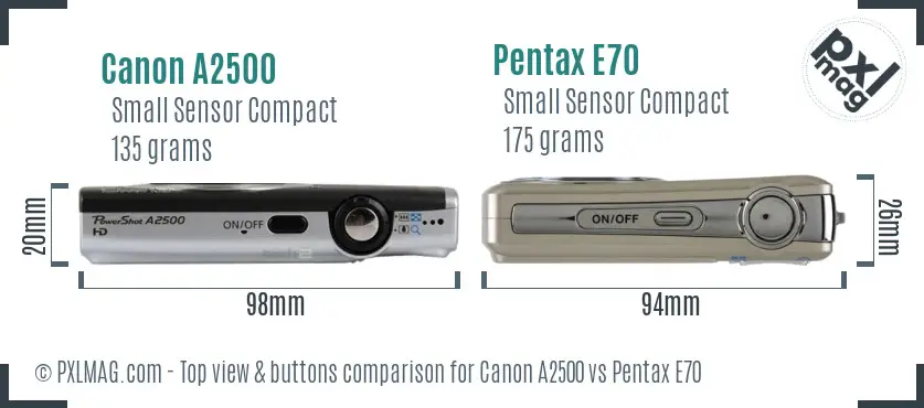 Canon A2500 vs Pentax E70 top view buttons comparison
