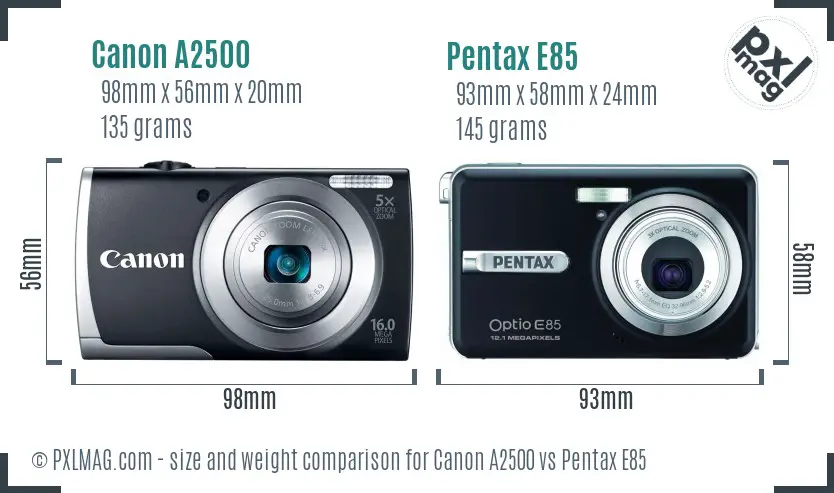 Canon A2500 vs Pentax E85 size comparison