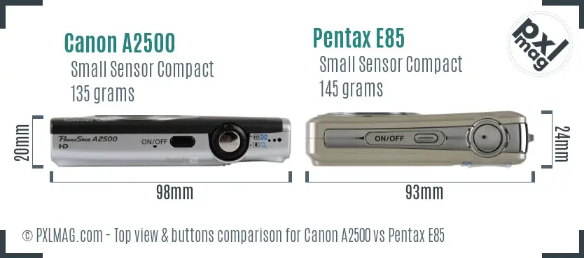 Canon A2500 vs Pentax E85 top view buttons comparison