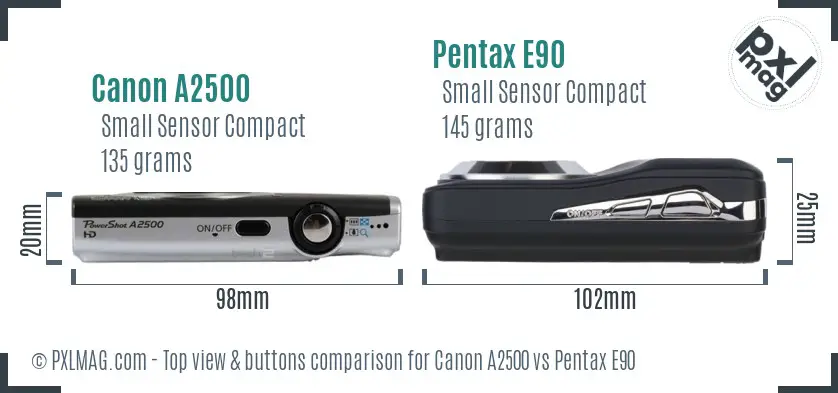 Canon A2500 vs Pentax E90 top view buttons comparison