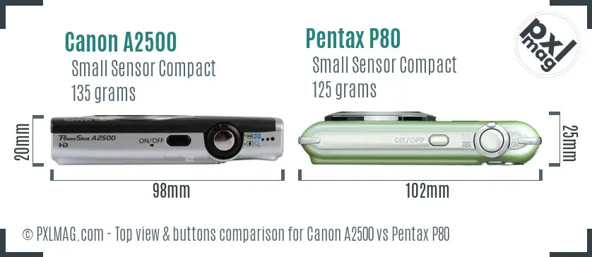 Canon A2500 vs Pentax P80 top view buttons comparison