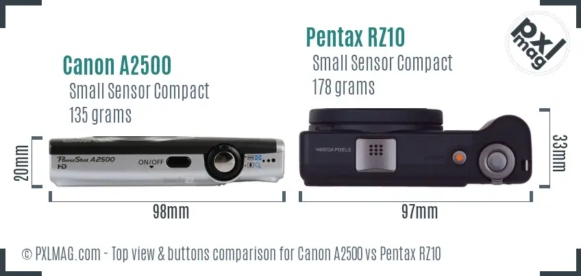 Canon A2500 vs Pentax RZ10 top view buttons comparison