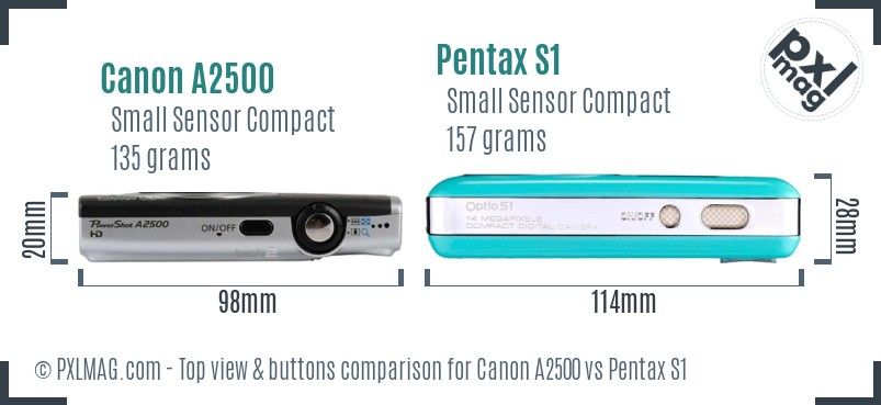 Canon A2500 vs Pentax S1 top view buttons comparison